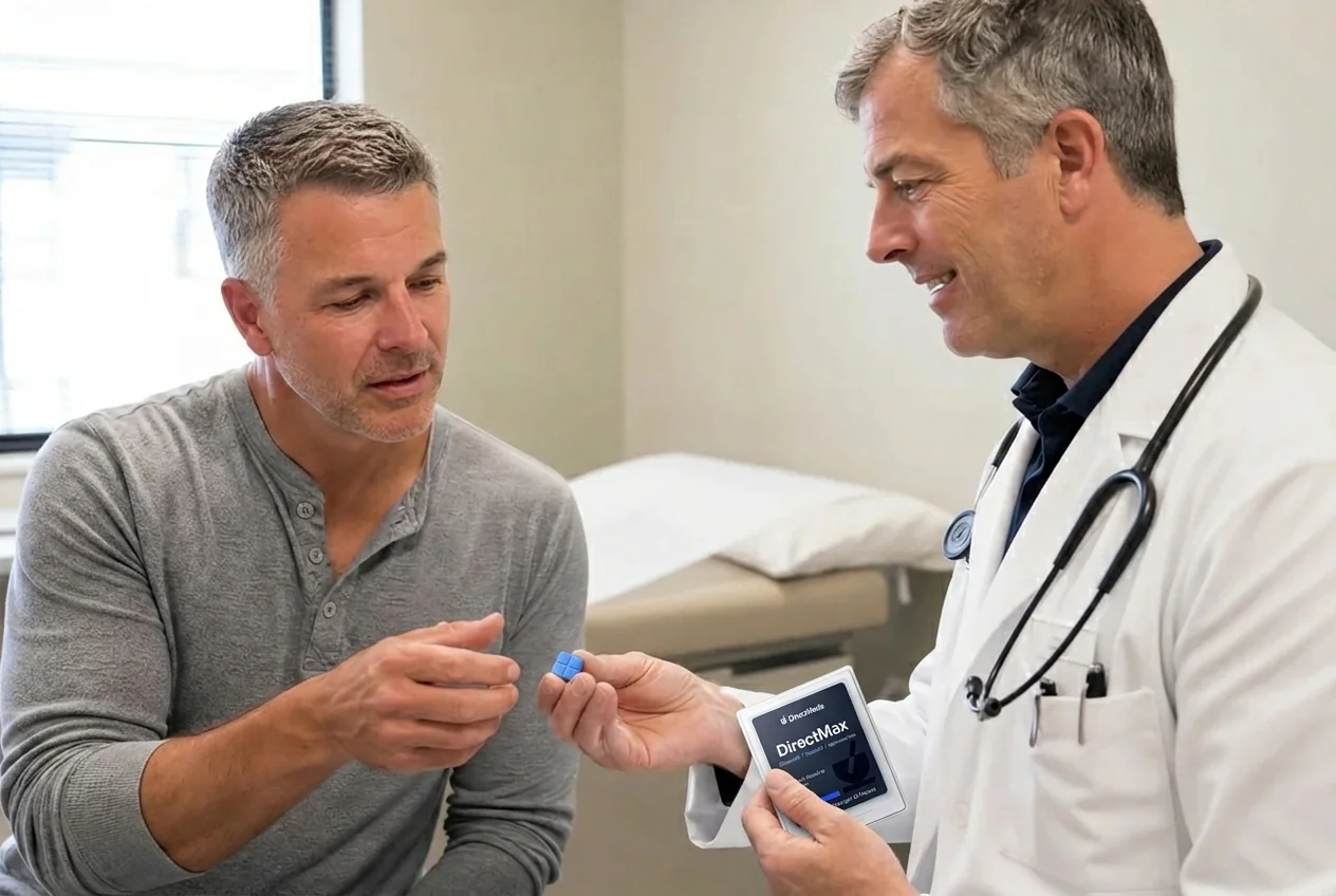 Urologist handing a patient the DirectMax rapid-dissolve tablets during a consultation